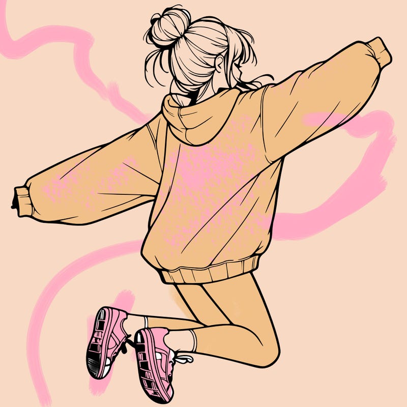 realistic girl jumping with a bun and oversized sweatshirt