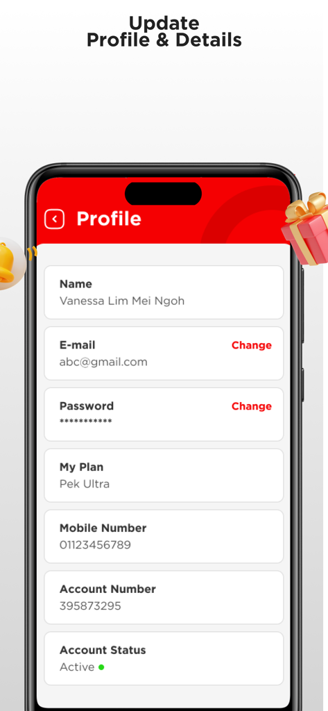 User profile interface of the redONE Prepaid app showing account details plan information and status