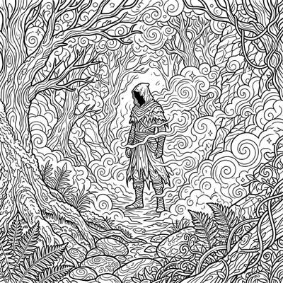 Step into a world of mystery and imagination with this intricate coloring page featuring a lone hooded figure amidst a swirling, foggy forest. This detailed full scene invites you to unleash your creativity and bring its enigmatic atmosphere to life.