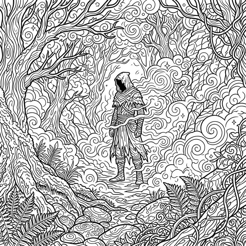 Step into a world of mystery and imagination with this intricate coloring page featuring a lone hooded figure amidst a swirling, foggy forest. This detailed full scene invites you to unleash your creativity and bring its enigmatic atmosphere to life.