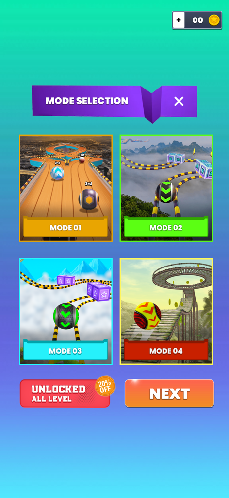 Rolling Sky: Balls Racing Game - 네 가지 다른 레이싱 트랙과 공 스킨을 보여주는 Rolling Sky의 게임 모드 선택 메뉴