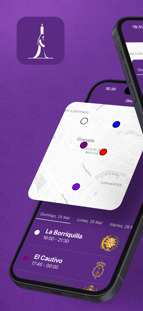 GeoPasos - Aplicación GeoPasos en un smartphone mostrando un mapa de Granada y un horario de procesiones de Semana Santa.