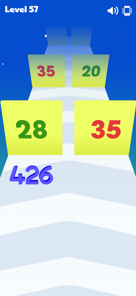 Numbers Merge: Plus and Run - Gameplay screenshot of Numbers Merge Plus and Run showing a blue number 426 approaching numbered gates on a track