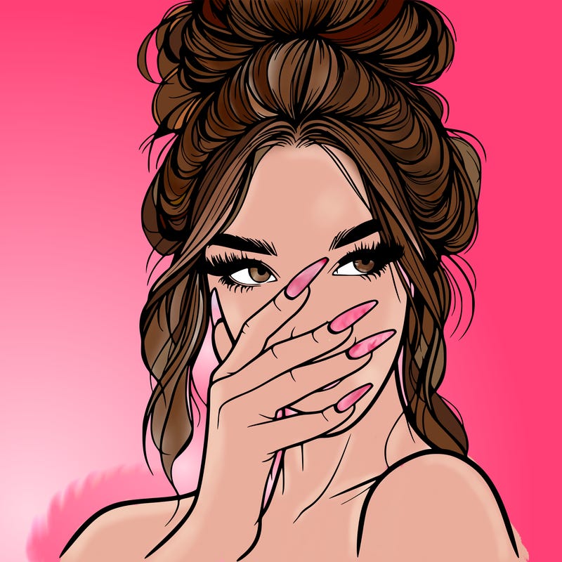 realistic girl with long nails with hair in messy bun