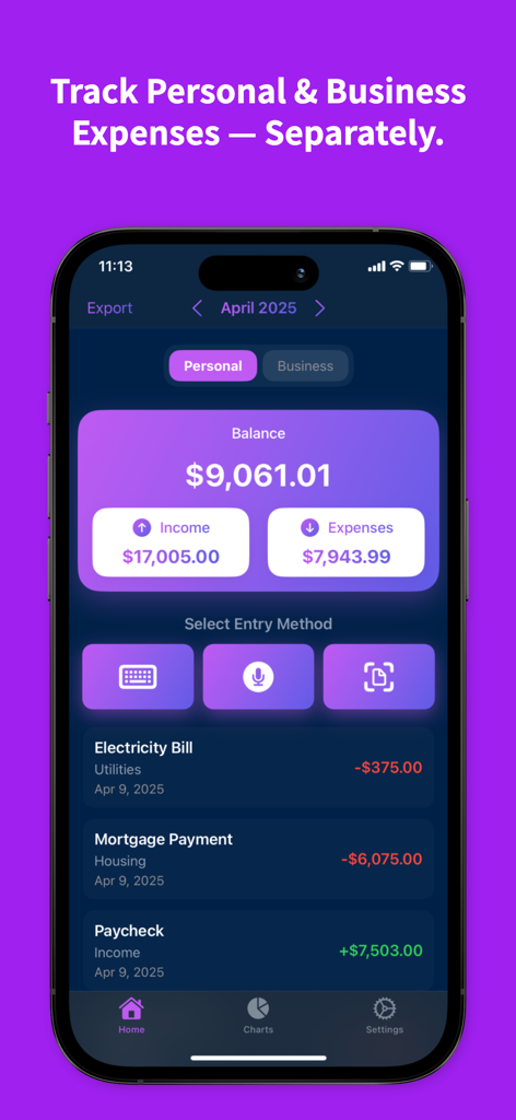 Dashboard der Ausgaben-Tracker-App Cash Compass mit einer Zusammenfassung des persönlichen und geschäftlichen Guthabens, Einnahmen und Ausgaben auf einem iPhone