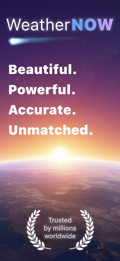 WeatherNOW: Forecast Radar Map - WeatherNOW app splash screen featuring a 3D Earth globe at sunrise and trusted by millions worldwide text