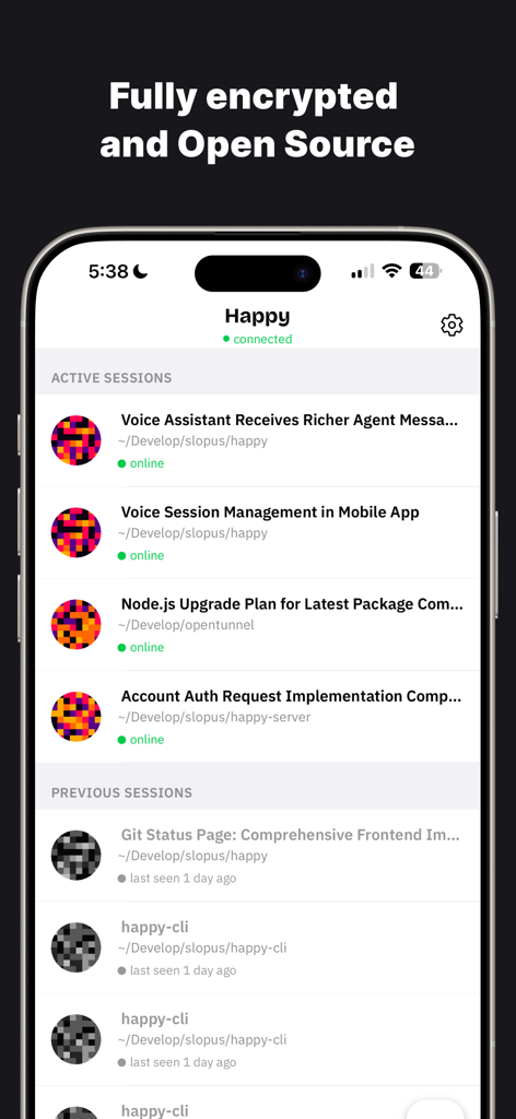 Happy: Codex & Claude Code App - A mobile interface showing active and previous encrypted AI coding sessions