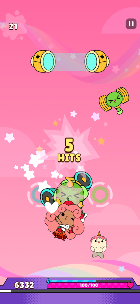 Combattimento di personaggi anime kawaii in un livello di gioco ritmico rosa con contatore di colpi e note musicali