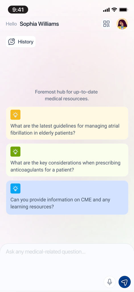 Physicians' Copilot - Home screen of Physicians Copilot app with clinical AI assistant and sample medical queries for physicians