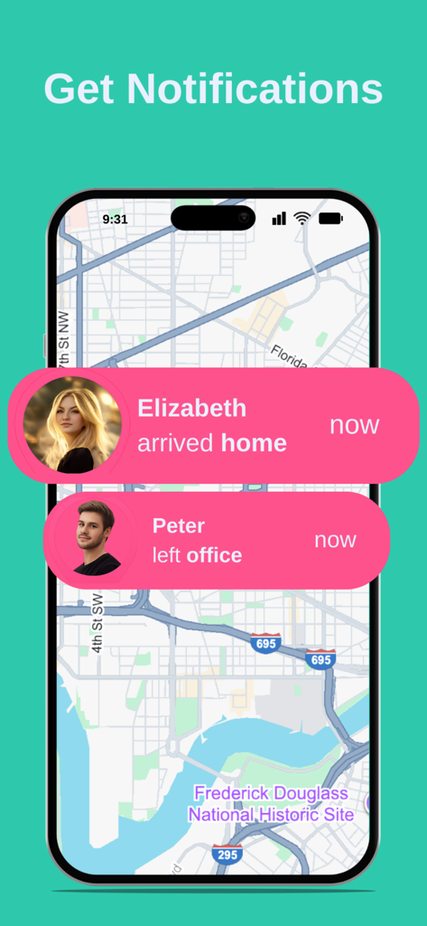 Phone Location Tracker - LocFi - Smartphone screen showing LocFi app notifications for family members arriving home and leaving the office on a map