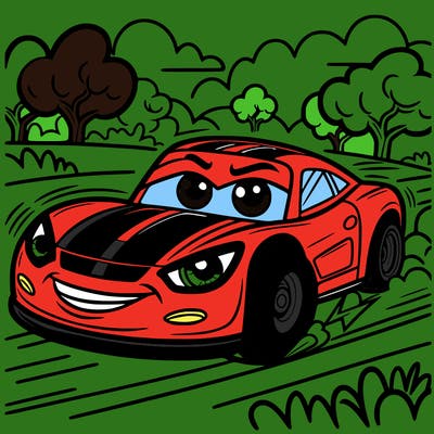big print fast car with the eyes on and speeding on road in the field with trees