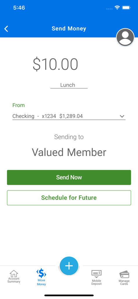 RBFCU - RBFCU mobile app interface for sending money to another member