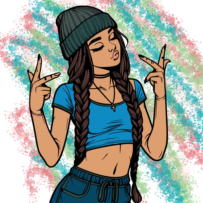 realistic teenage girl with braids and a beanie and crop top doing 🫶🏼