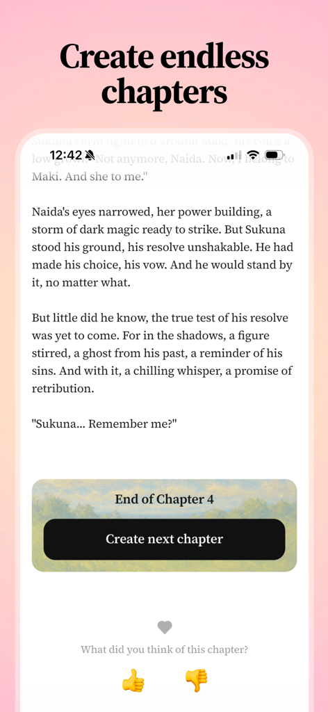 Tease: Spicy Romantic Fiction - Mobilbildschirm, der KI-Romanzentext und eine Schaltfläche zum Erstellen des nächsten Kapitels anzeigt.