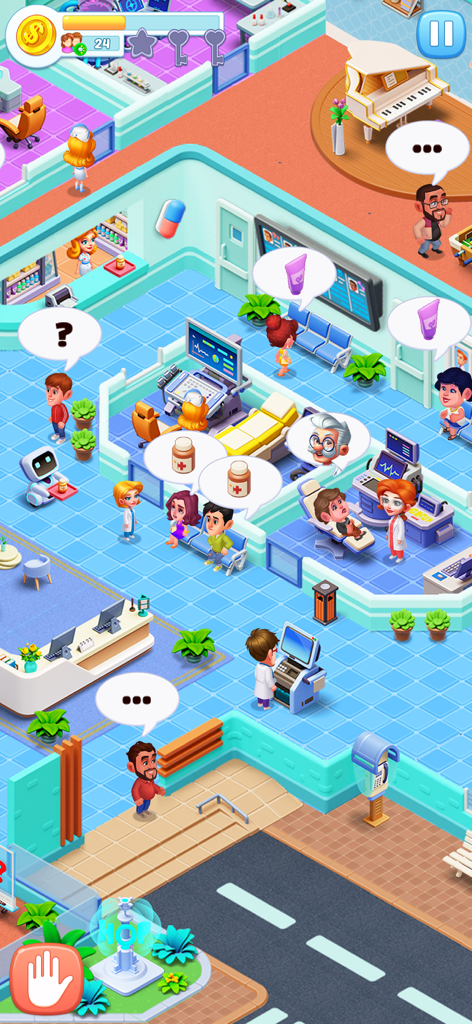 医療クリニック管理ゲームの患者とスタッフのアイソメトリックビュー