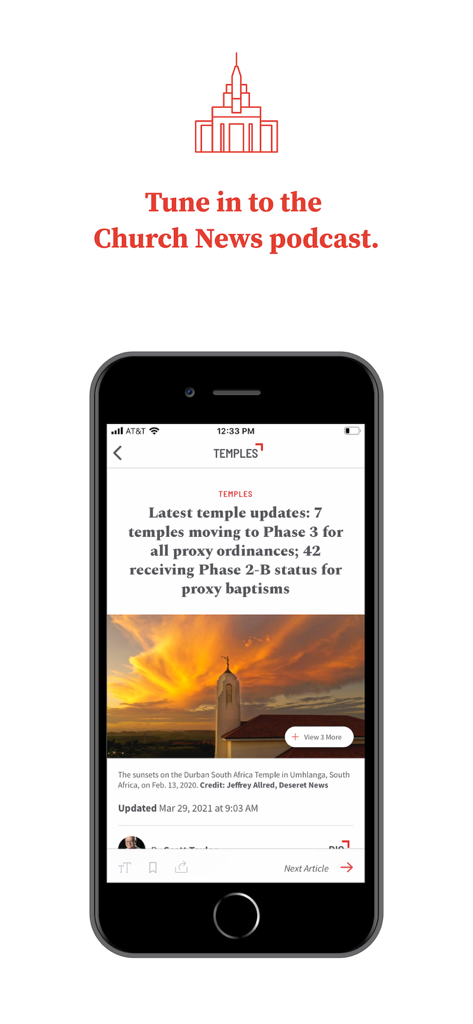 Church News - Aplicación móvil Noticias de la Iglesia que muestra un artículo sobre actualizaciones de templos SUD y el Templo de Durban, Sudáfrica.