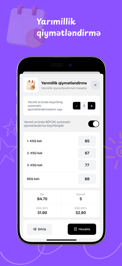 Təhsil Kalkulyatoru - KSQとBSQの点数を含むアゼルバイジャン人教師の採点システムのための学期末評価計算機を示すモバイルアプリのインターフェース。