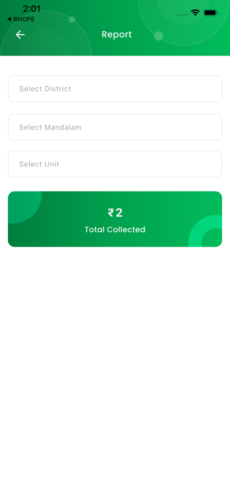 CH CENTRE KOZHIKKODE - Report screen of the CH CENTRE KOZHIKKODE app showing filters for district and unit with total collection amount