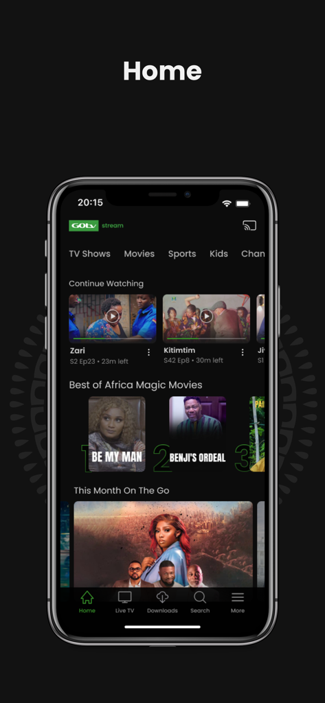 GOtv Stream - Écran d'accueil de l'application GOtv Stream présentant des catégories de films et de séries télévisées africaines.