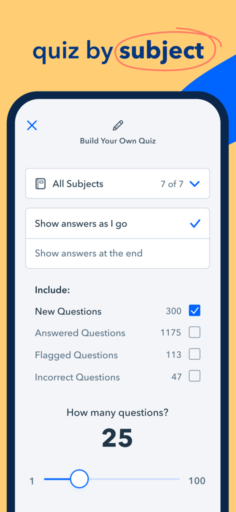 HESI® A2 Prep by Pocket Prep - The Build Your Own Quiz screen in the HESI A2 Prep app allowing nursing students to customize their practice sessions by subject and question type