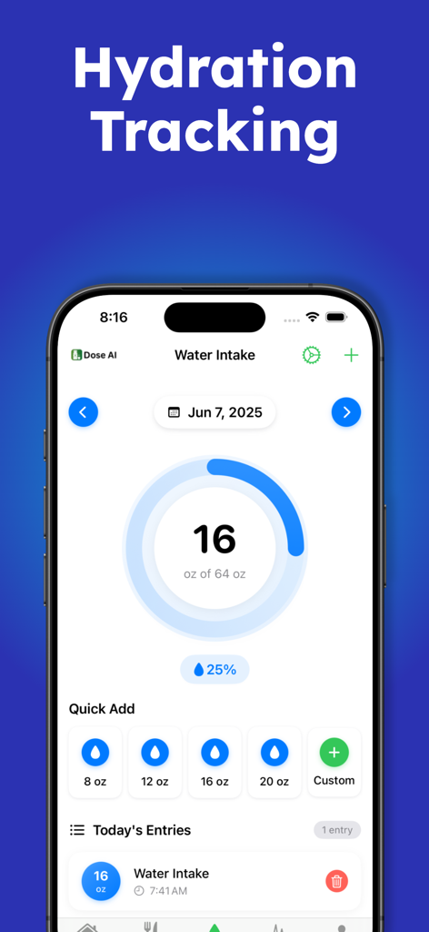 Dose AI - GLP1 Tracker - Dose AI app interface for hydration tracking showing a progress ring and quick add water intake buttons