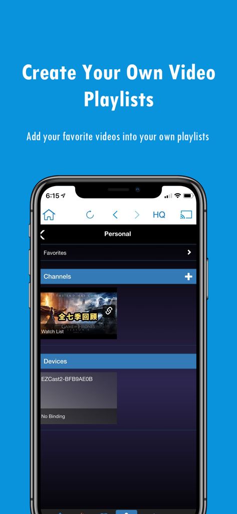 EZCast app interface on an iPhone showing the personal video playlists and connected devices screen.