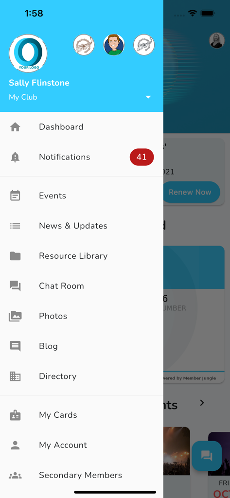 Member Jungle - Side navigation menu of the Member Jungle app showing club management and social features.