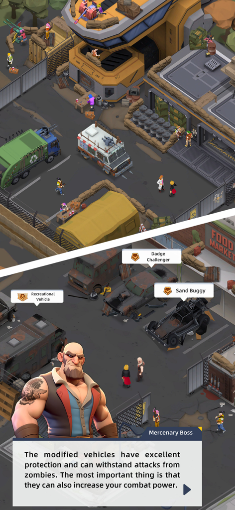 Idle Survivor Fortress Tycoon - Mercenary Boss character explaining modified survival vehicles like the Sand Buggy and Dadge Challenger in the Idle Survivor Fortress Tycoon game