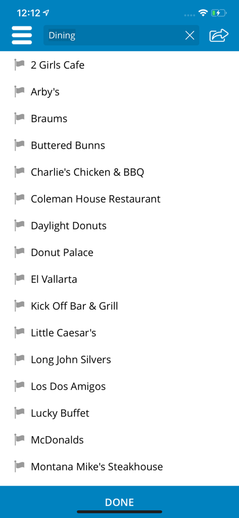 A list of restaurants and cafes in Miami Oklahoma shown within the Visit Miami OK travel app