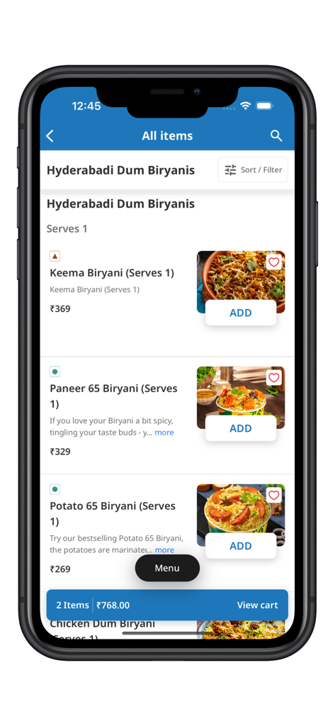 Biryani Blues Order Online - Menu selection screen in the Biryani Blues app showing different Hyderabadi Dum Biryanis and prices