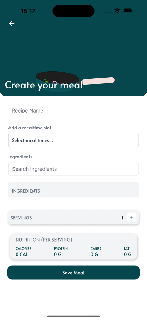 Meal creation interface with nutrition tracking and recipe input