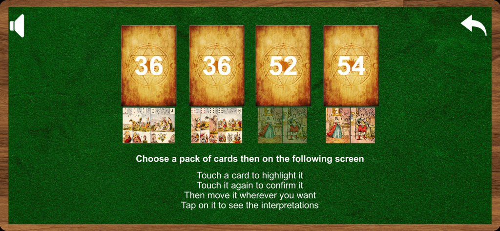 Pantalla de la aplicación Lenormand Tarot que muestra cuatro paquetes de cartas diferentes para seleccionar sobre un fondo de fieltro verde con instrucciones para el usuario.