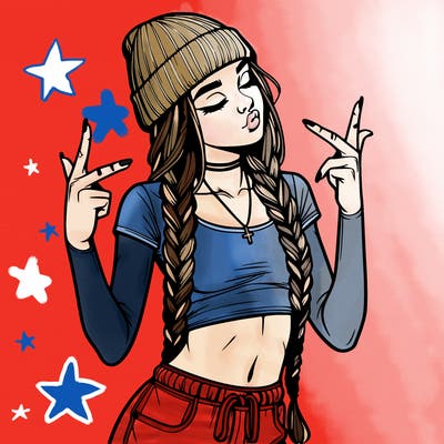 realistic teenage girl with braids and a beanie and crop top doing 🫶🏼