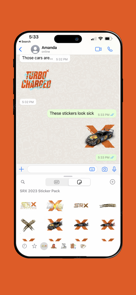 WhatsApp chat interface with SRX racing stickers and car designs