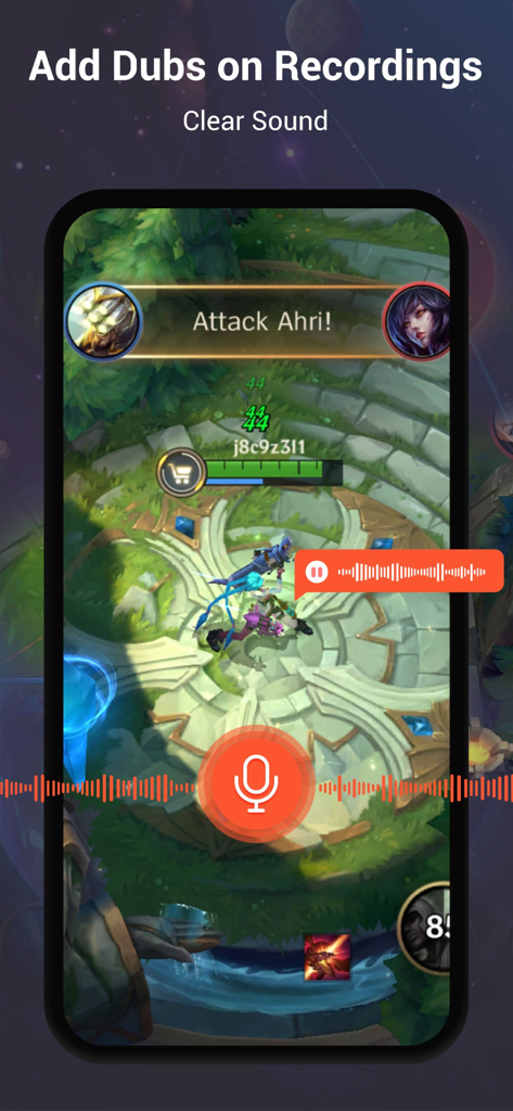 A mobile screen showing the V Recorder app interface adding voice commentary and dubs to a recorded game session with clear sound