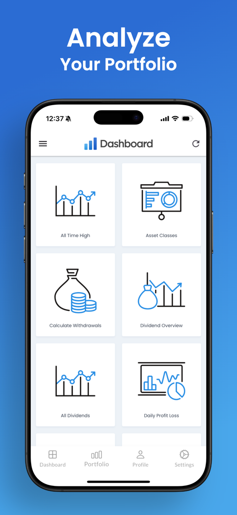 Mobile app interface showing portfolio analysis options like asset classes dividends and profit loss tracking