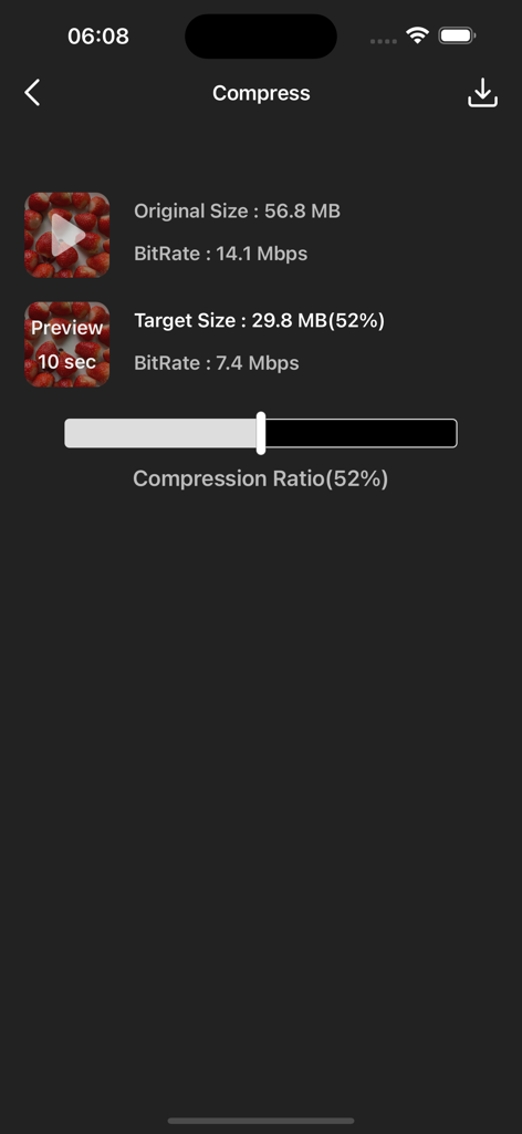 Mobile app interface showing a slider to adjust video compression ratio and target file size