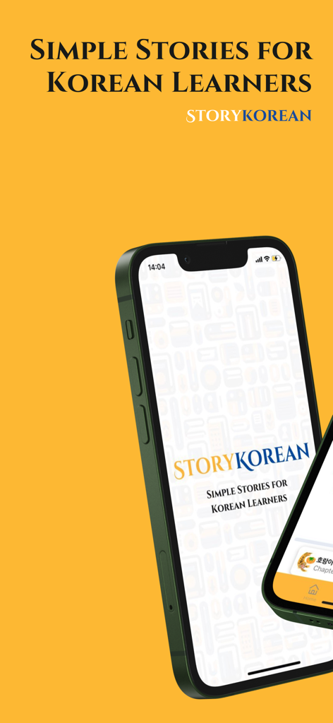 StoryKorean - StoryKorean app intro screen displaying the text simple stories for Korean learners on a yellow background