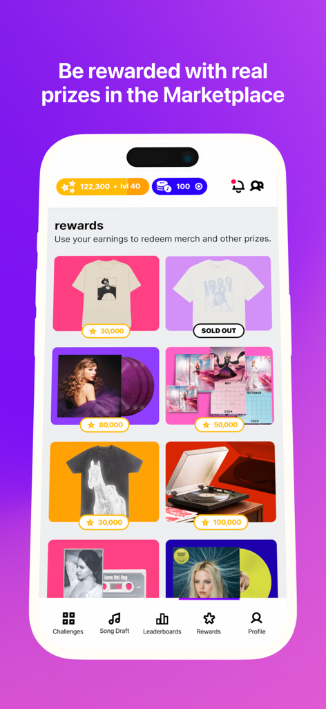 FanLabel app marketplace screen showing music merchandise rewards like t-shirts and vinyl records