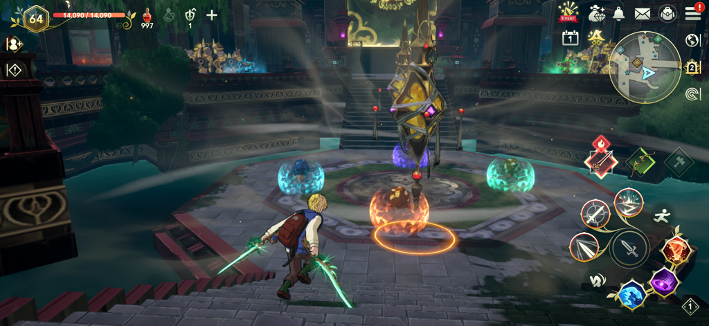Un personaggio con spade gemelle luminose sta in un'arena con familiari magici in Ni no Kuni Cross Worlds