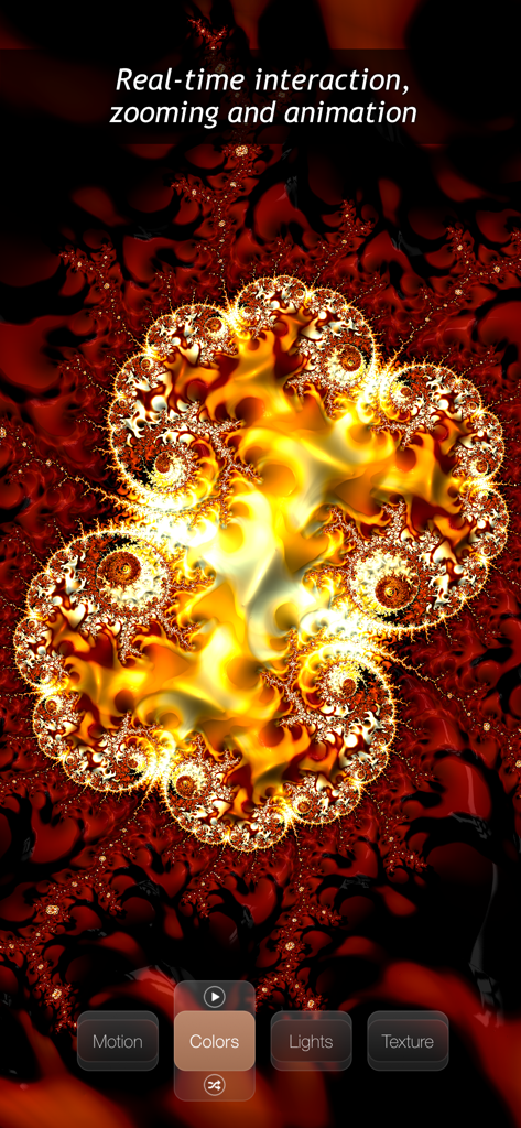 Fraⅹ - Fraxアプリのインターフェースにおける、鮮やかなオレンジと黄色のフラクタルアートデザイン