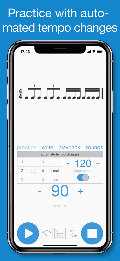 Rhythm+ - Interfaz de la aplicación Rhythm plus que muestra el modo de práctica con cambios de tempo automatizados y notación musical