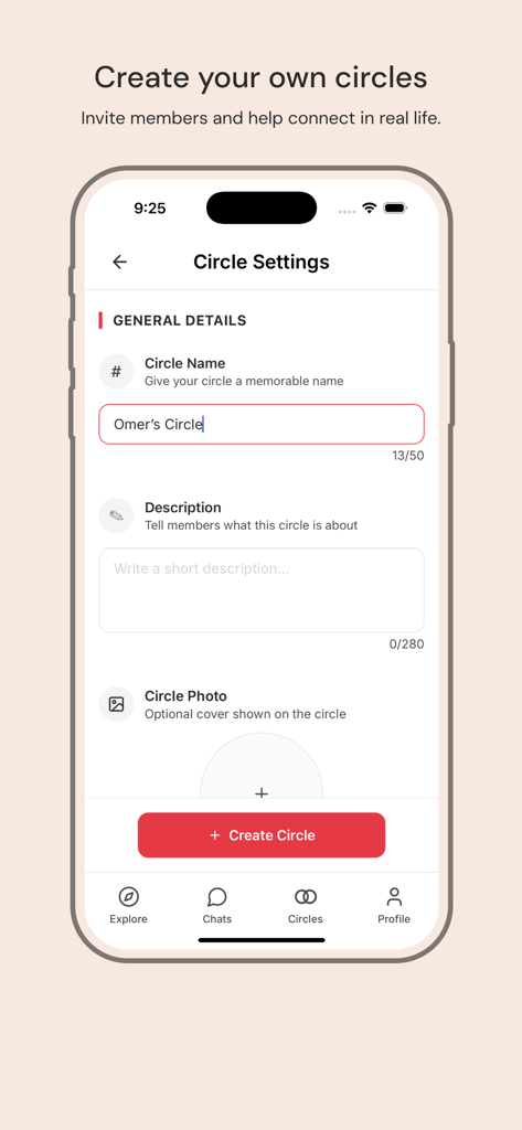 Interface for creating a new community circle in the Circlez Dating app, showing fields for name and description.