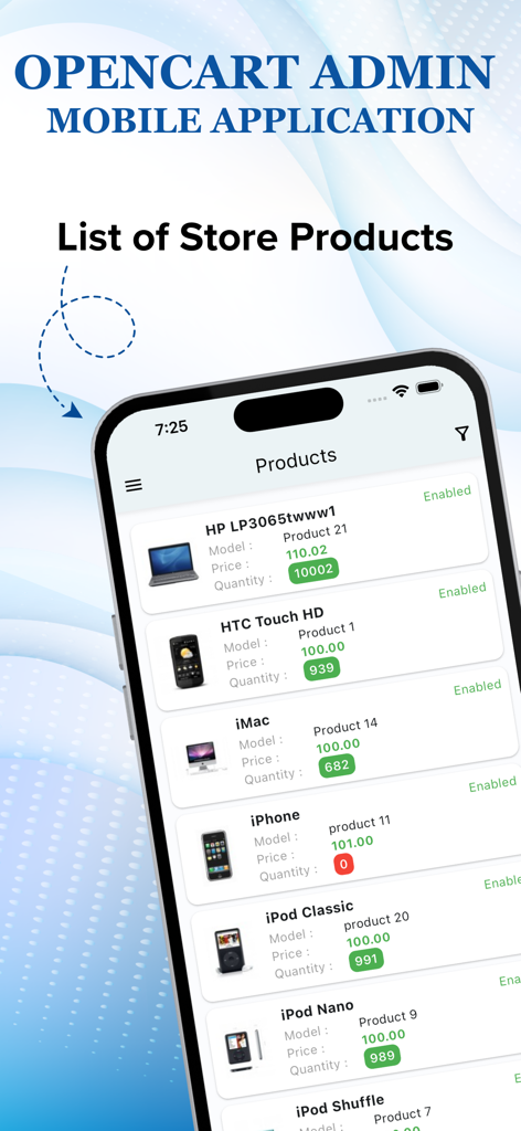 Opencart Admin Mobile App. - Opencart Admin Mobile App-Bildschirm, der eine Liste von Shop-Produkten mit Bestandsdetails zeigt
