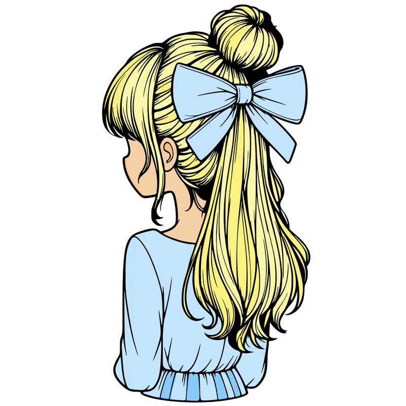 realistic girl  with hip length hair a bun and a big bow on the back of head