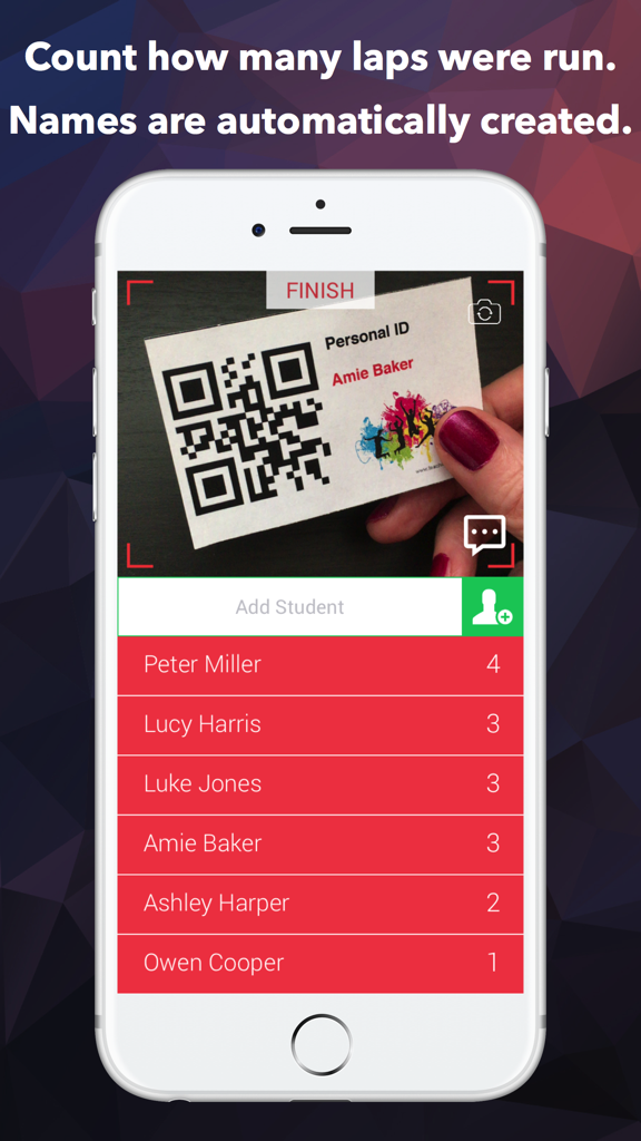 QR Laps - iPhone scanning a student ID QR code using the QR Laps app to track lap counts