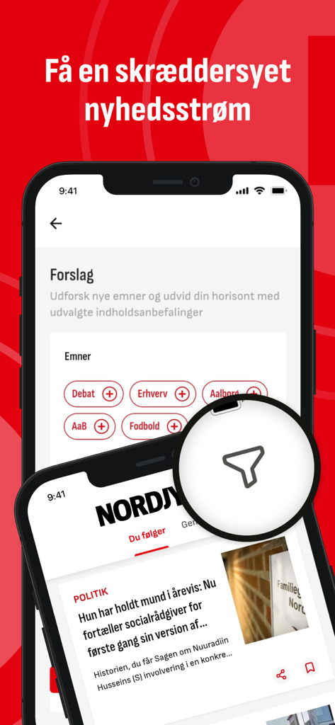 Nordjyske - A mobile interface of the Nordjyske app showing options to customize a personal news feed with topics like debate, business, and local sports.