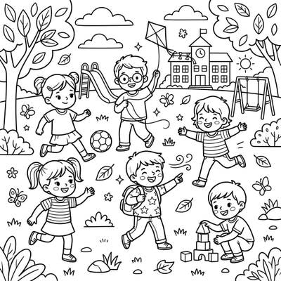 Dive into a bustling playground scene filled with happy elementary school kids enjoying various outdoor activities. This delightful coloring page is perfect for sparking creativity and bringing vibrant life to a fun-filled day.