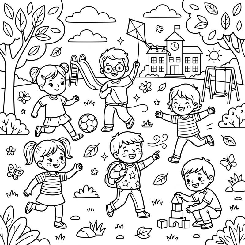 Dive into a bustling playground scene filled with happy elementary school kids enjoying various outdoor activities. This delightful coloring page is perfect for sparking creativity and bringing vibrant life to a fun-filled day.