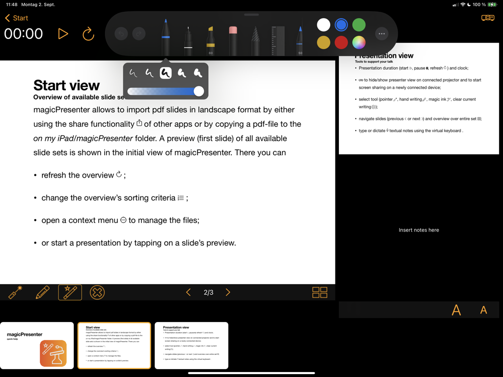 magicPresenter - Tela do iPad mostrando a interface de visualização inteligente do apresentador do magicPresenter com um slide, notas do orador e ferramentas de anotação digital.